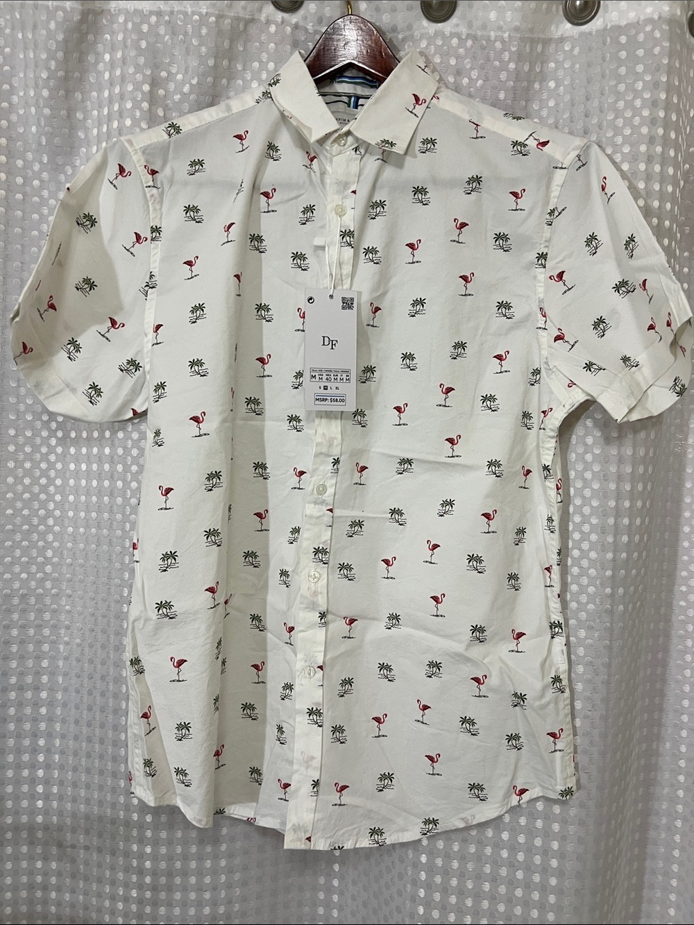 Sporty DENIM & FLOWER White Short-Sleeve Flamingo & Palm Button-Down Shirt